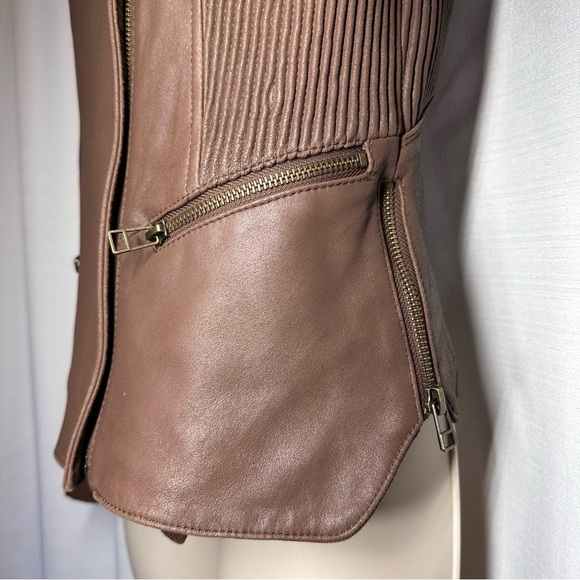 My Tribe Leather Moto Jacket Brown Full Zip Asymmetric Hem Biker Rocker XS Y2K - Picture 3 of 16